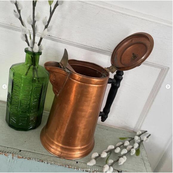 Vintage Copper Brass Cowboy Coffeepot Wood Handle Knob Brass Hinge Spout Cover - Picture 7 of 10